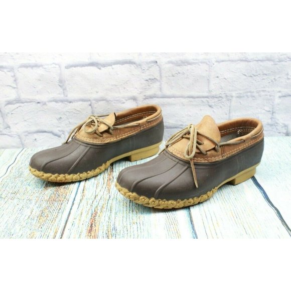 LL Bean Unlined Brown Leather Rubber Low Ankle Gum Shoe Duck Boots M 7 L 9 - Picture 2 of 10